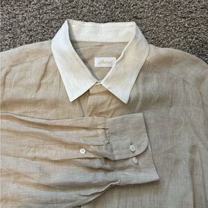 Brioni Shirt Mens 3XL 100% Linen beige Long Sleeve Button Up Quiet Luxury